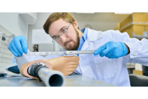 A man in a lab coat measures a foot with a ruler, focused on obtaining an accurate measurement.
