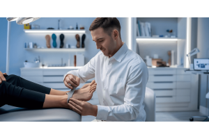  Man receiving foot trimming from doctor.