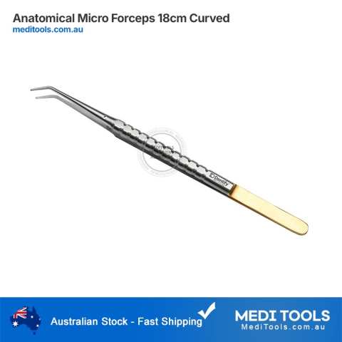 DENTIFY® Anatomical Micro Forceps 18cm Curved showing the flat ribbed handle and fine diamond-dusted tips.