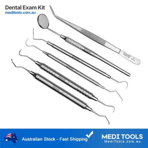 Dental Exam Kit with H6/H7 Scaler, Scaler 2R/2L, Dental Explorer 17/23, William Perio Probe, College Tweezers and Dental Mirror