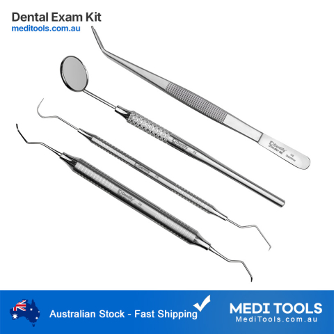 Dental Exam Kit, Scaler 2R/2L, Dental Explorer 17/23, William Perio Probe, College Tweezers and Dental Mirror