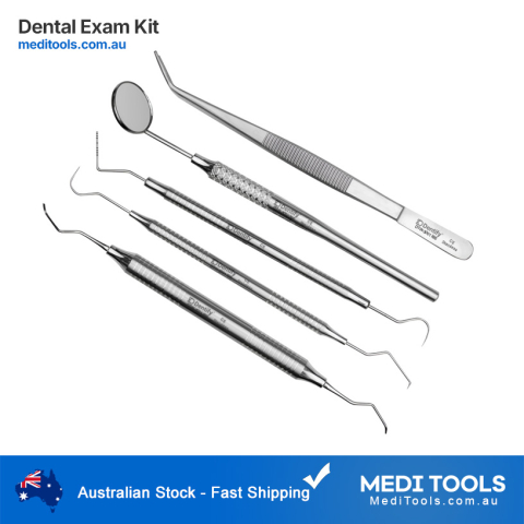 Dental Exam Kit, Scaler 2R/2L, Dental Explorer 17/23, William Perio Probe, College Tweezers and Dental Mirror
