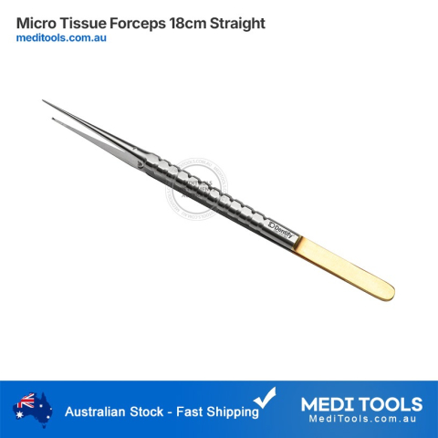 DENTIFY Micro Forceps 18cm Straight showing flat ribbed handle and 0.90mm 1:2 diamond-dusted tips.
