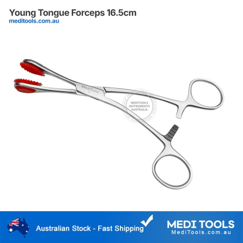  Young Tongue Forceps for veterinary use showing the stainless steel ring handles and rubber-lined loop jaws.