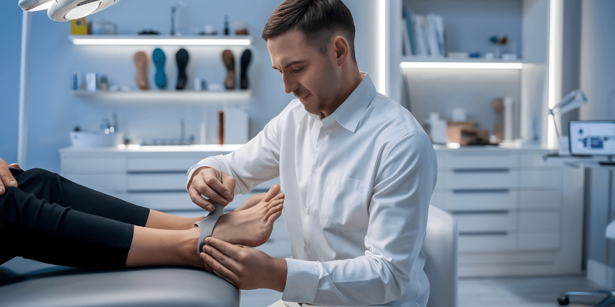  Man receiving foot trimming from doctor.