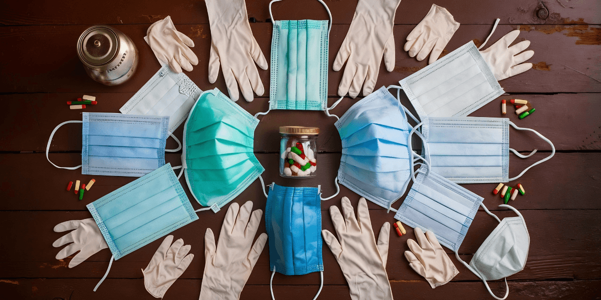 Medical gloves and masks arranged neatly on a wooden table, highlighting essential protective equipment.