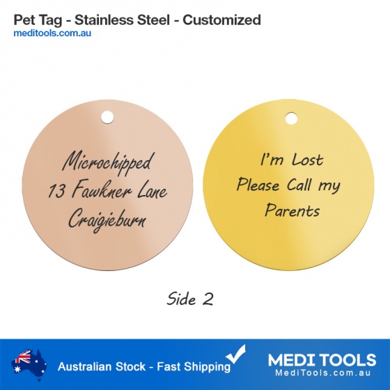 Dogs with Custom Labels and cat Labels Stainless Steel pet Labels Round, Blue Up to 8 Lines of Text: Front and Back Engraving Multiple Colors and Shapes 